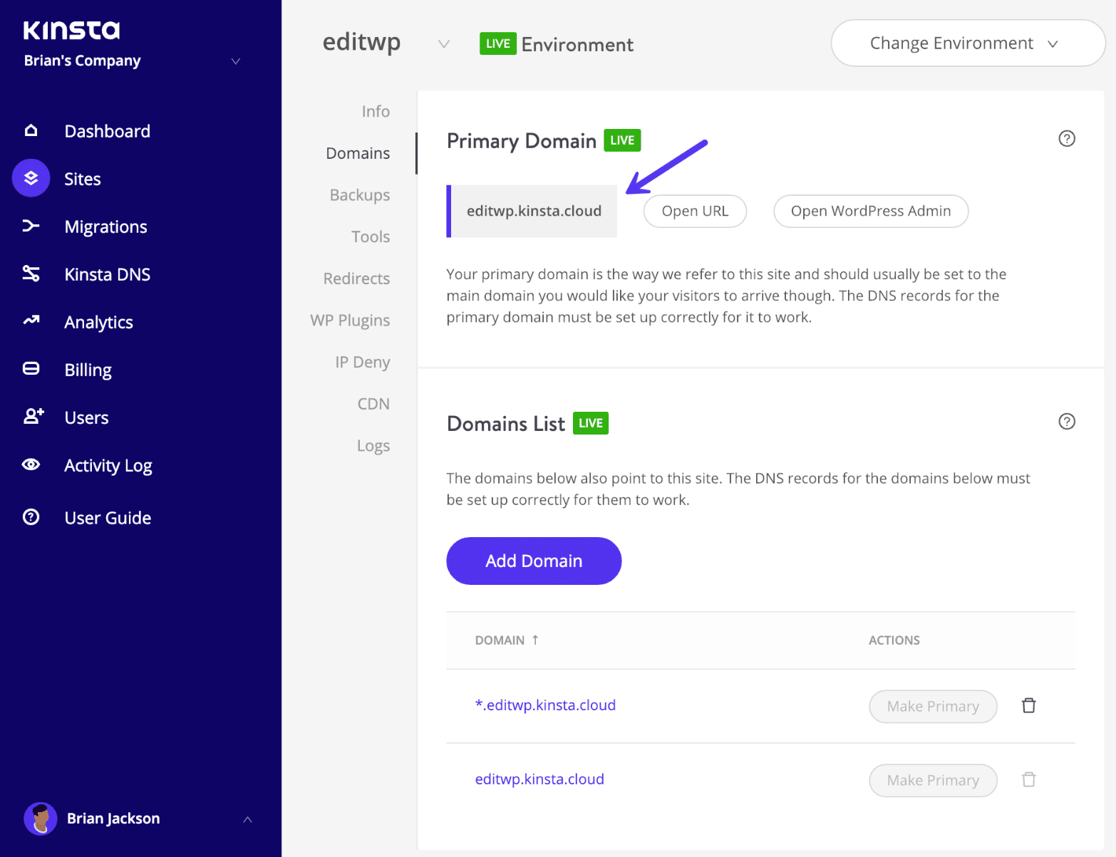 URL temporaria de Kinsta
