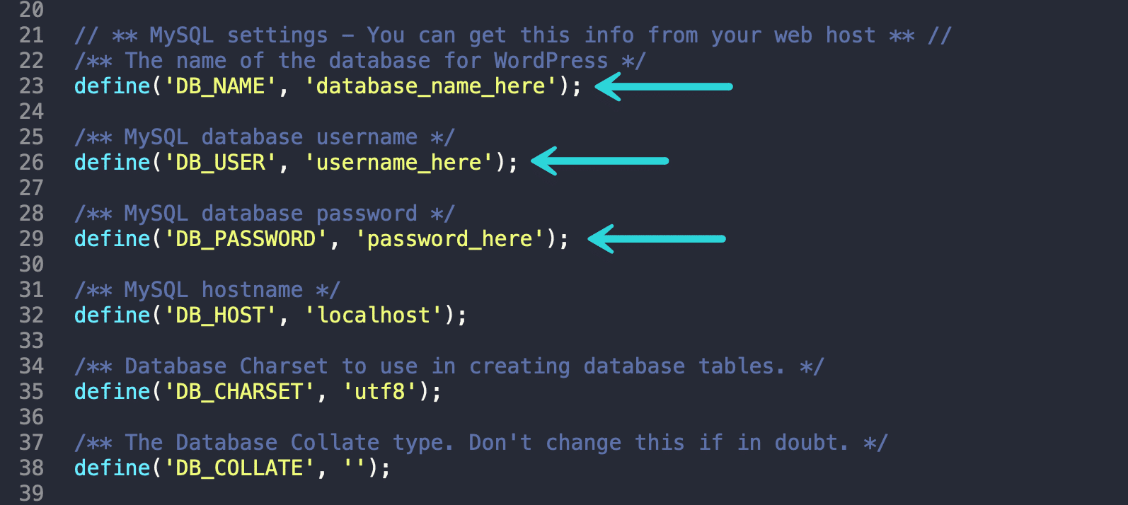 Configuración de MySQL en wp-config.php