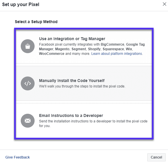 Opciones de integración de Facebook pixel