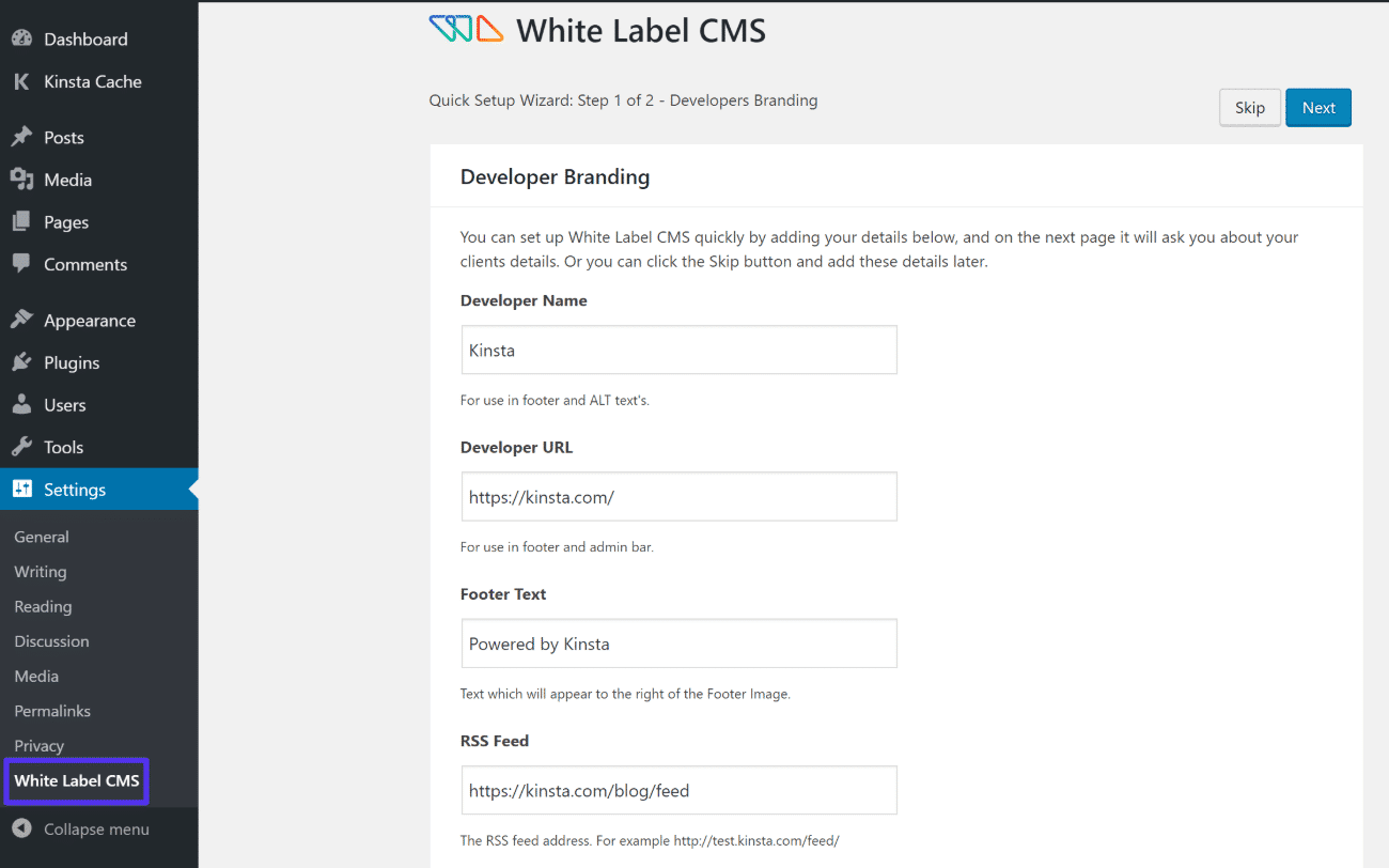 El wizard de configuración de White Label CMS