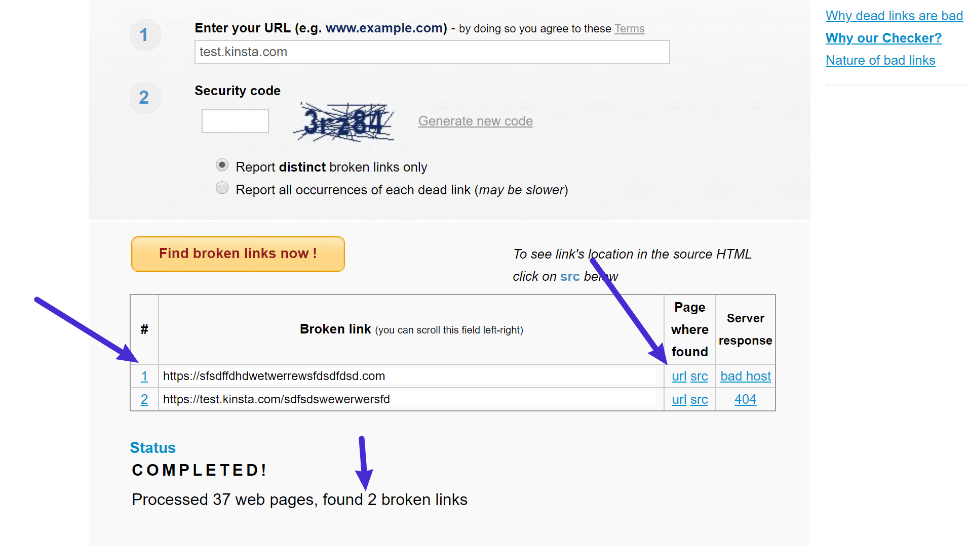 Los resultados de BrokenLinkCheck.com