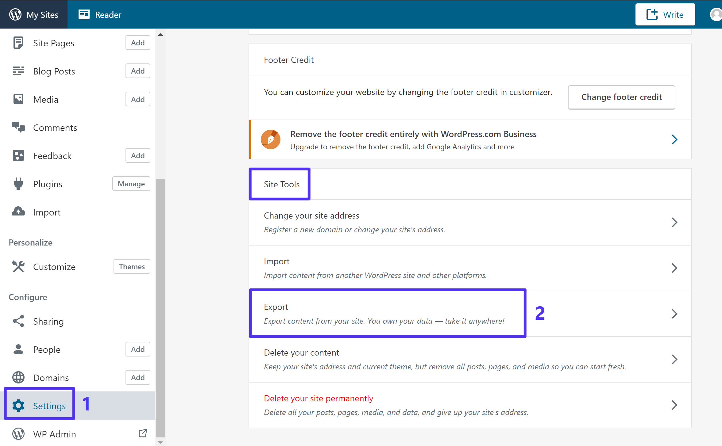 Acceda a las opciones de exportación de WordPress.com