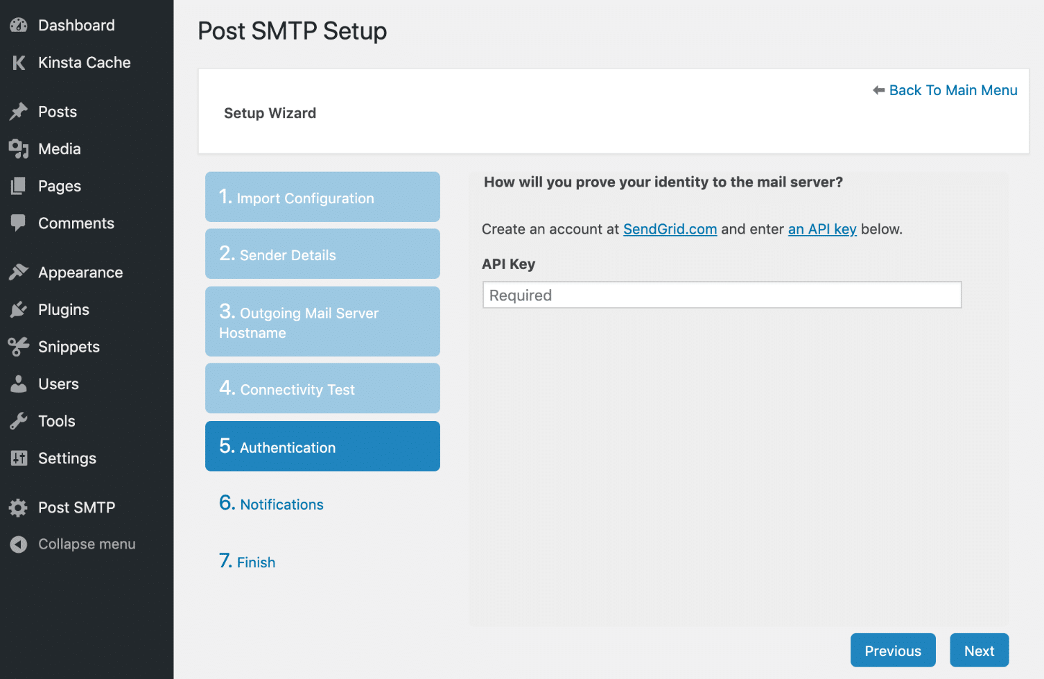 API key de SendGrid en Post SMTP