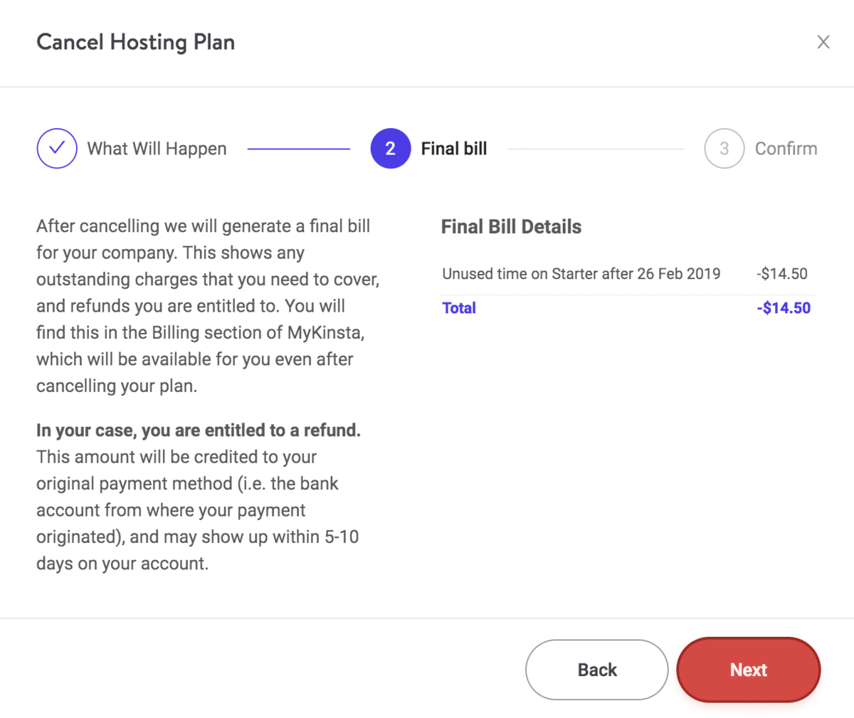 Cancelación de plan de Kinsta – recibo final