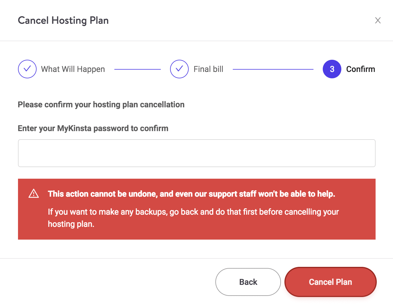 Confirmar cancelación de Kinsta