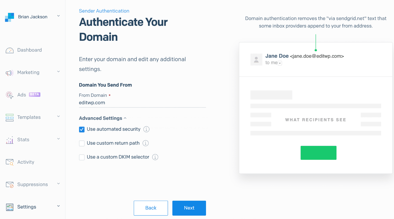 Formulario de envío de Dominio de SendGrid