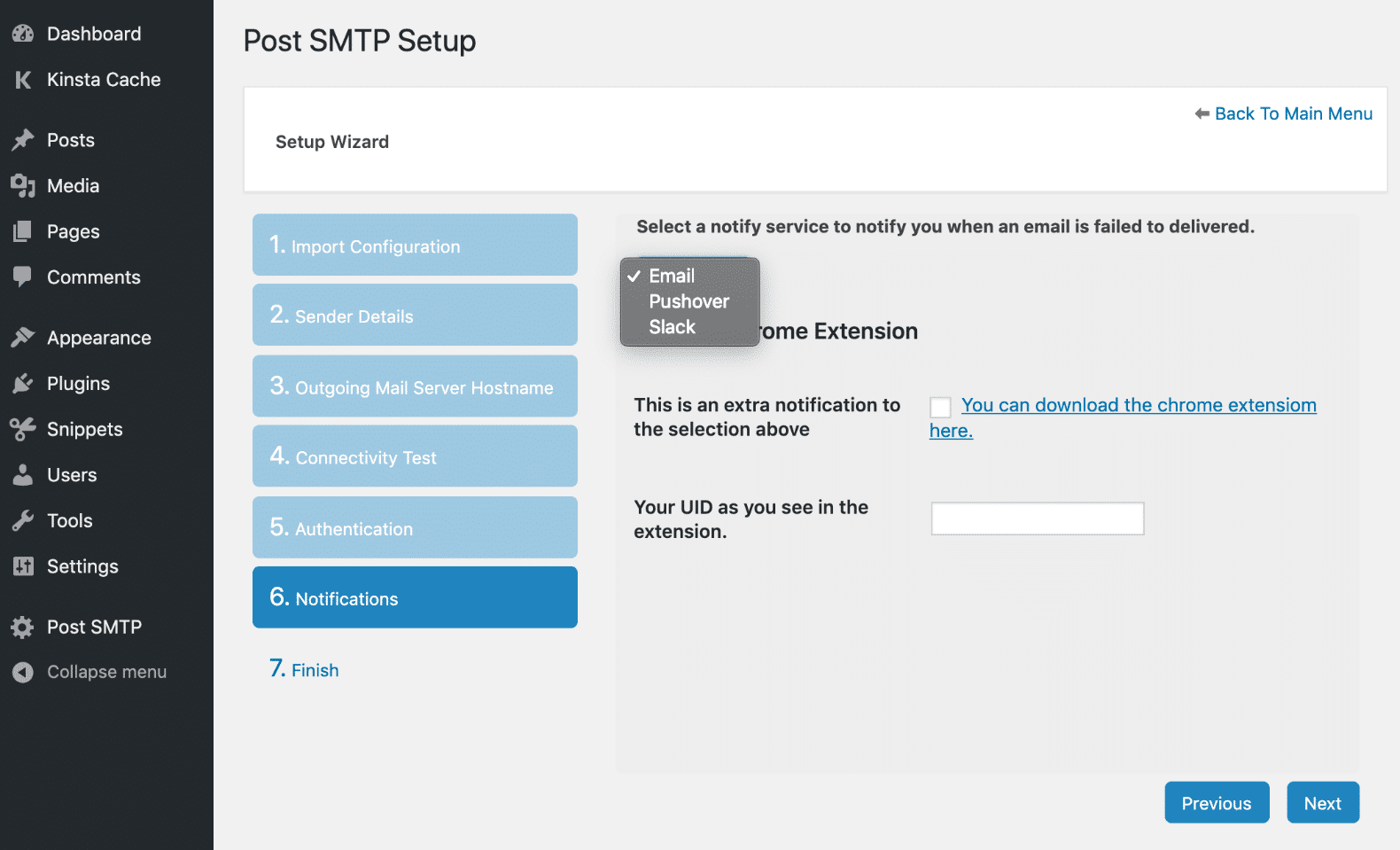 Notificación de email de Post SMTP