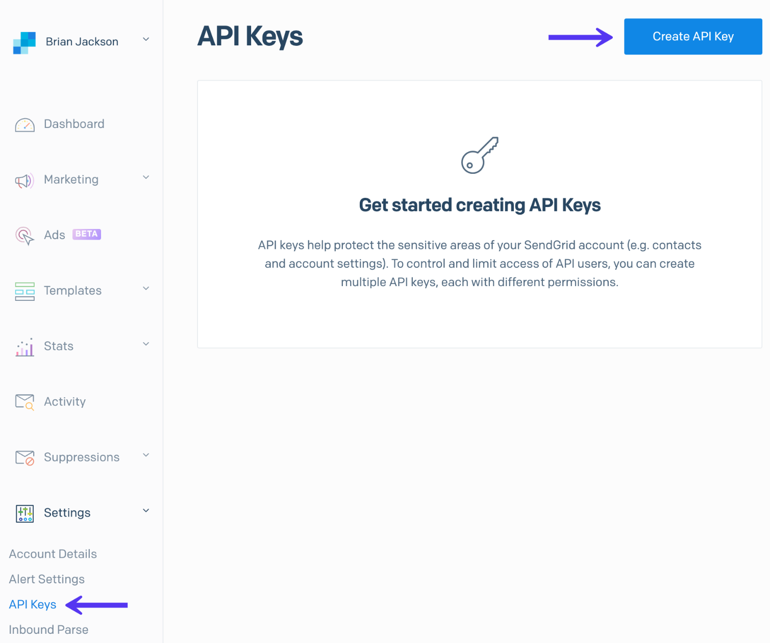 SendGrip creando un API key