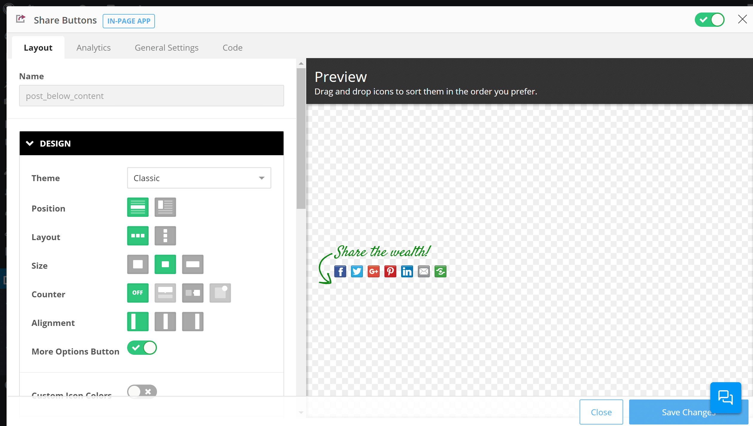 También puede personalizar los botones para compartir dentro del contenido