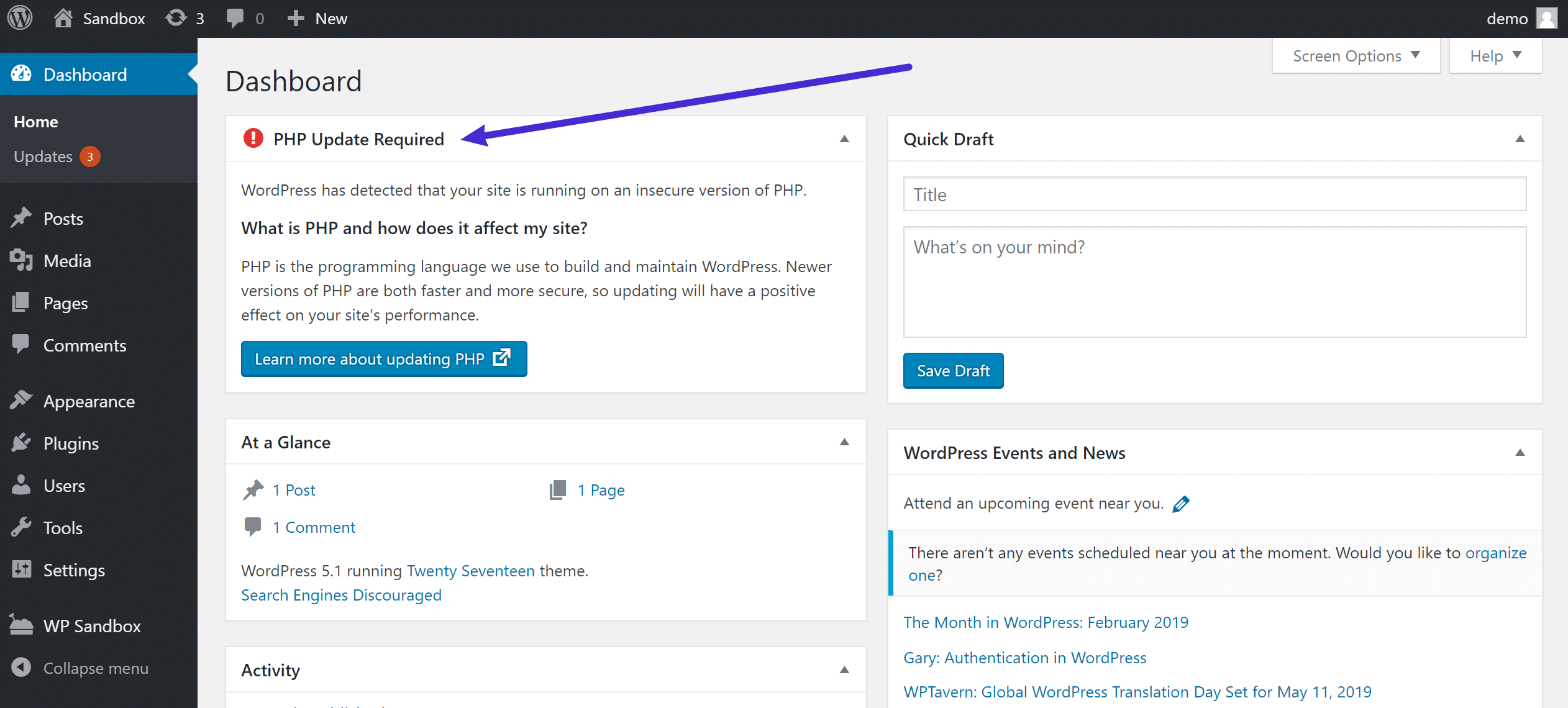 Aviso sobre su versión de WordPress 5.1 PHP en el dashboard