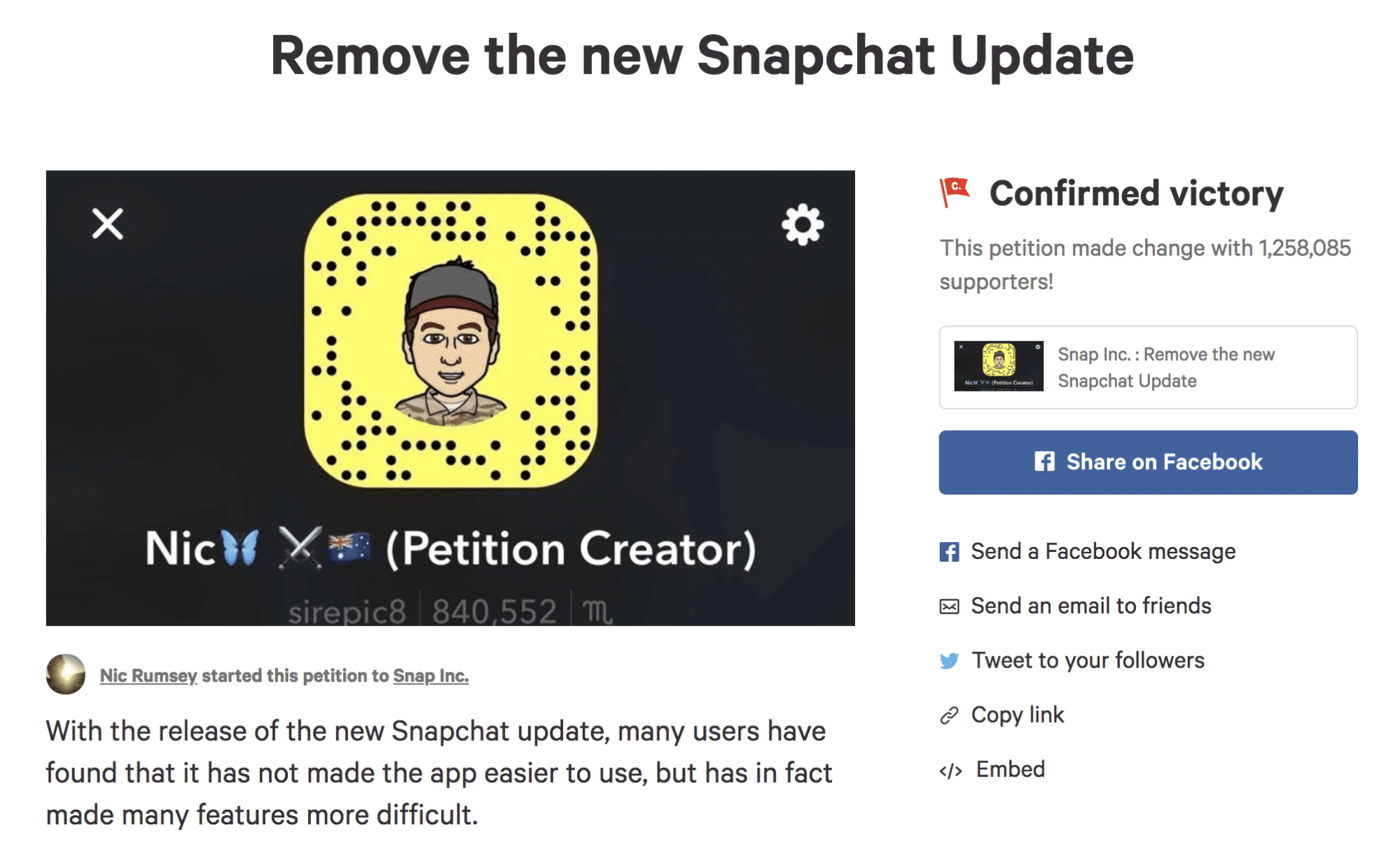 Mala actualización de Snapchat
