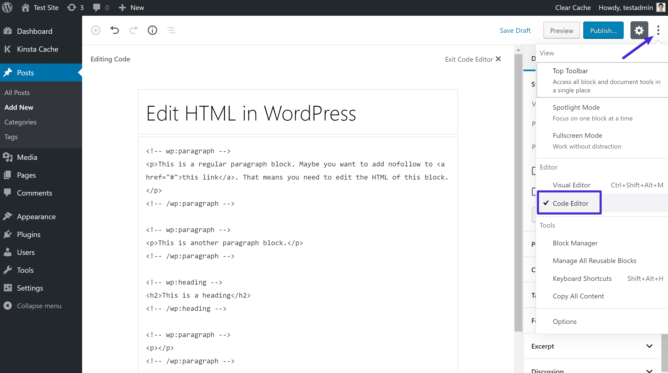 Cómo acceder al editor completo de código en Gutenberg