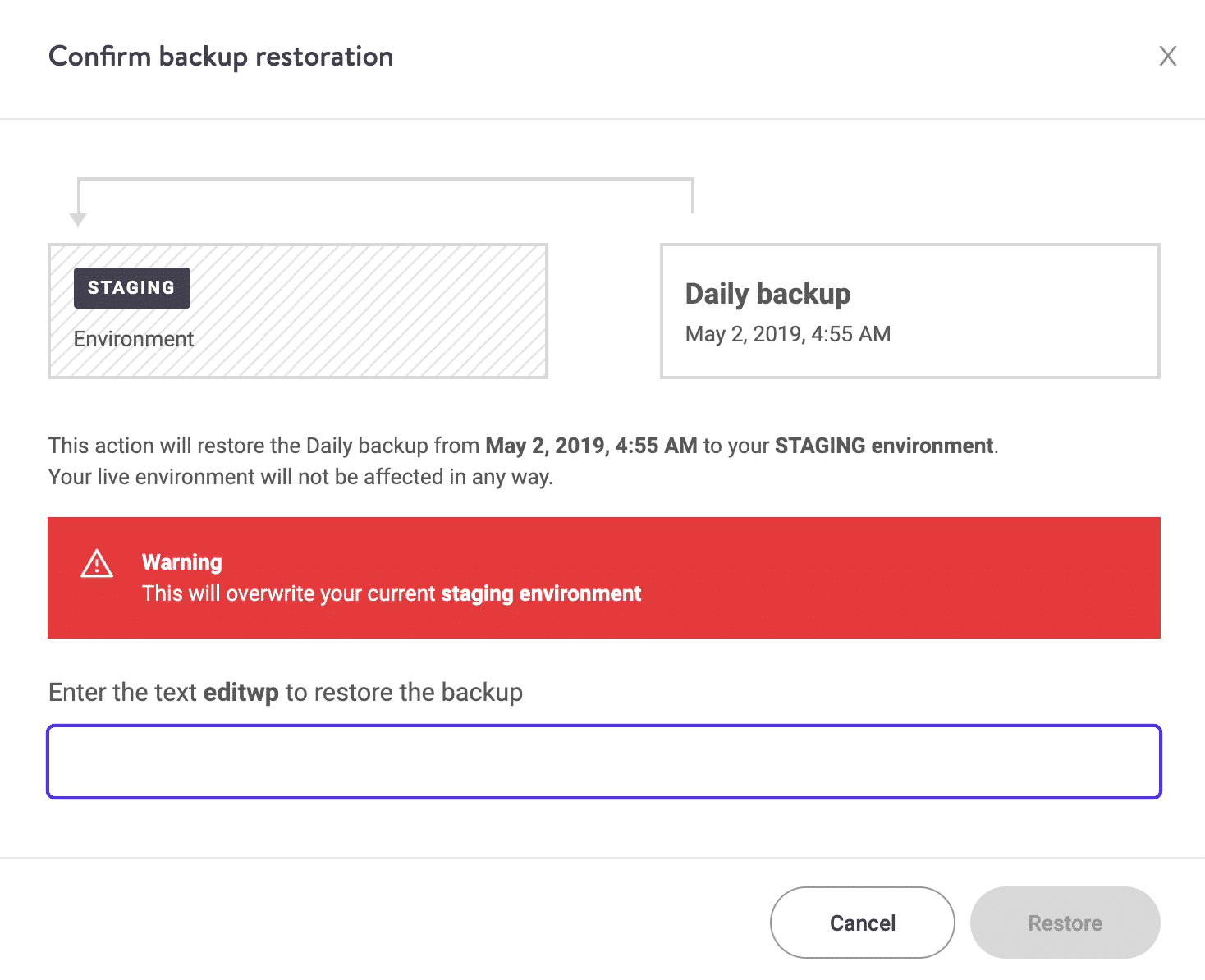 Confirme la restauración del respaldo de WordPress al entorno de prueba