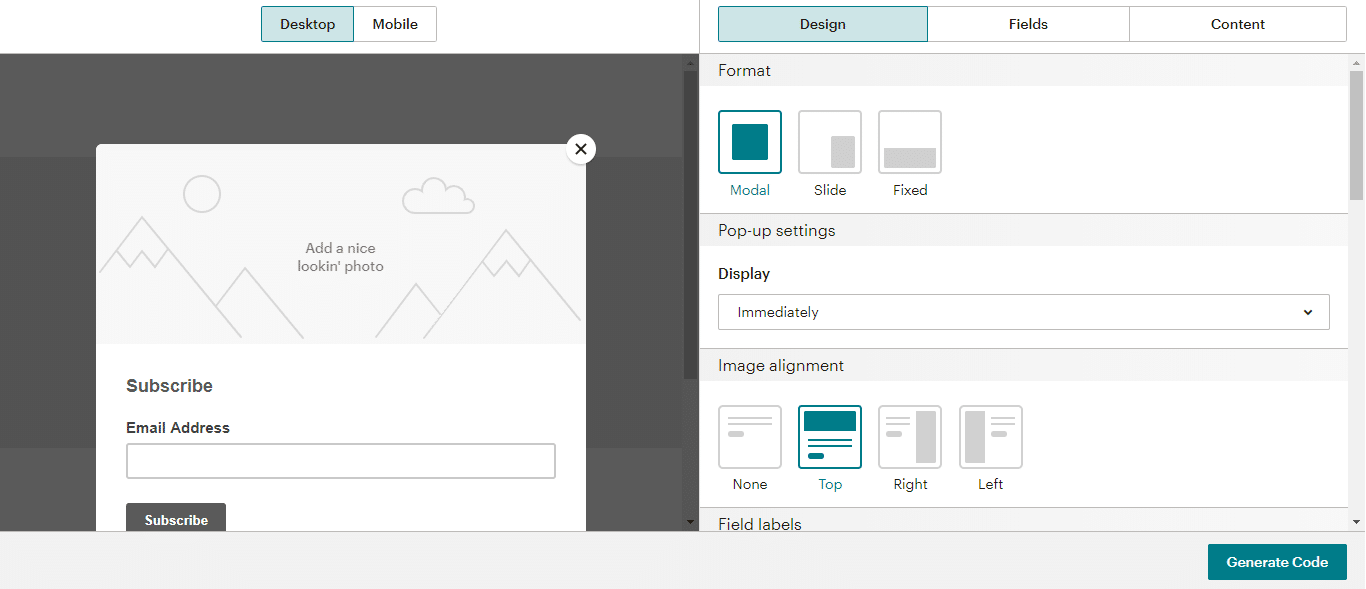 Diseño de formulario de Mailchimp