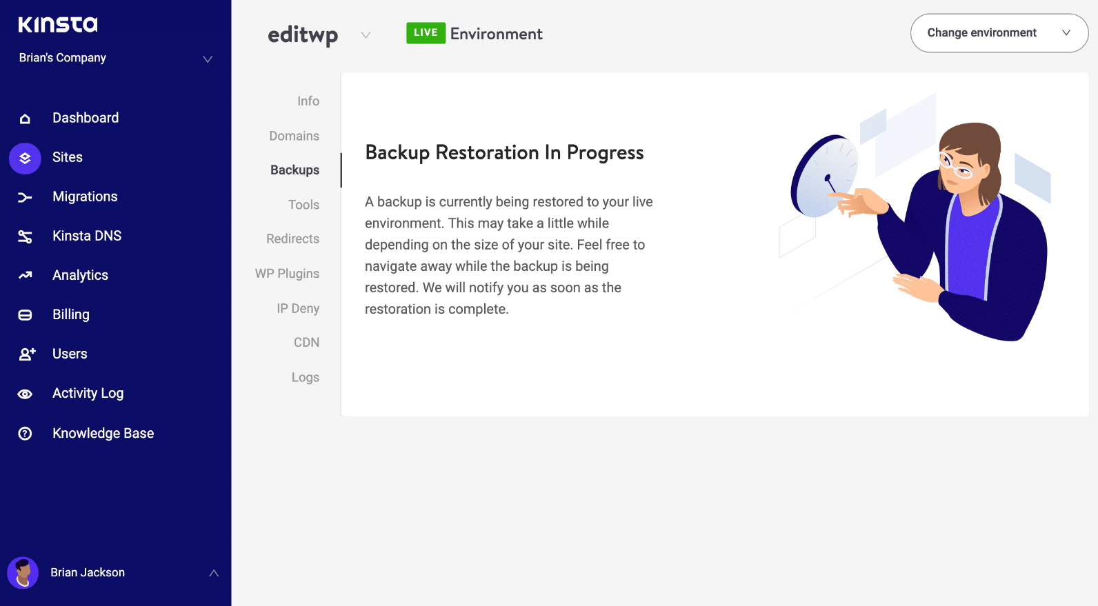 Restauración de respaldo de WordPress en progreso