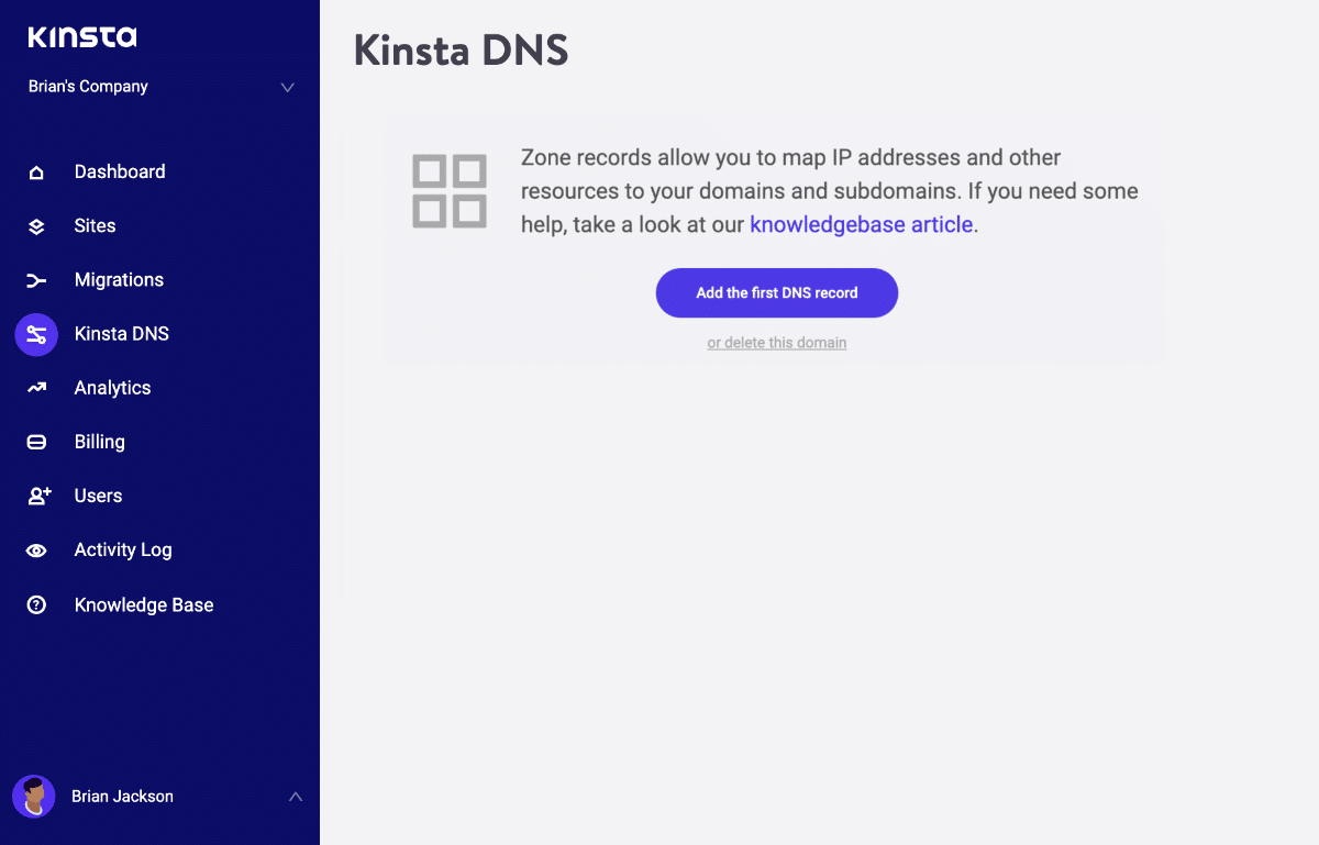 Agregue su primer registro DNS en MyKinsta