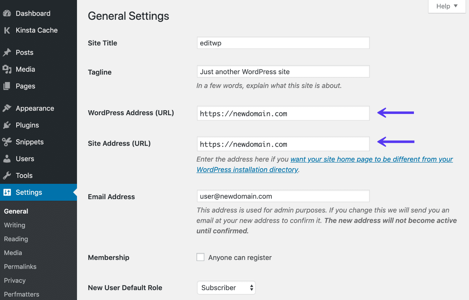 Pantalla de Configuración General de WordPress