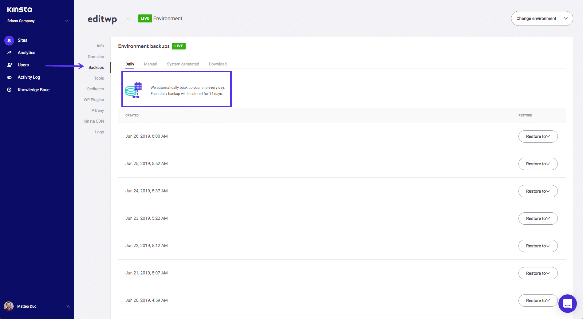 Los respaldos automáticos de Kinsta