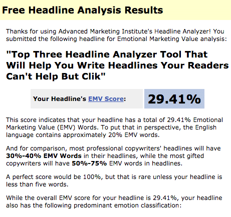 Resultados del Advanced Marketing Institute Headline Analyzer