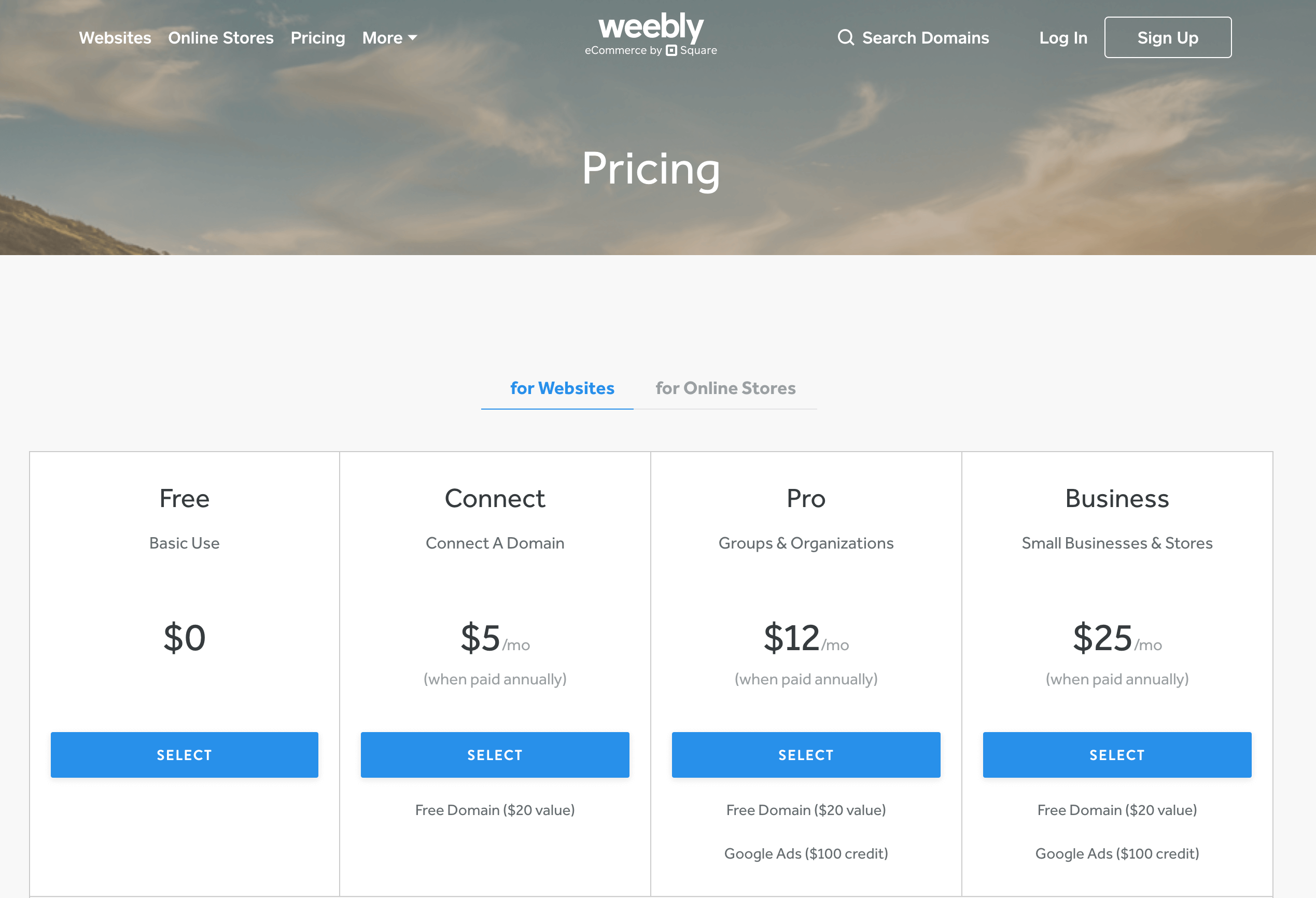 Planes de precios Weebly