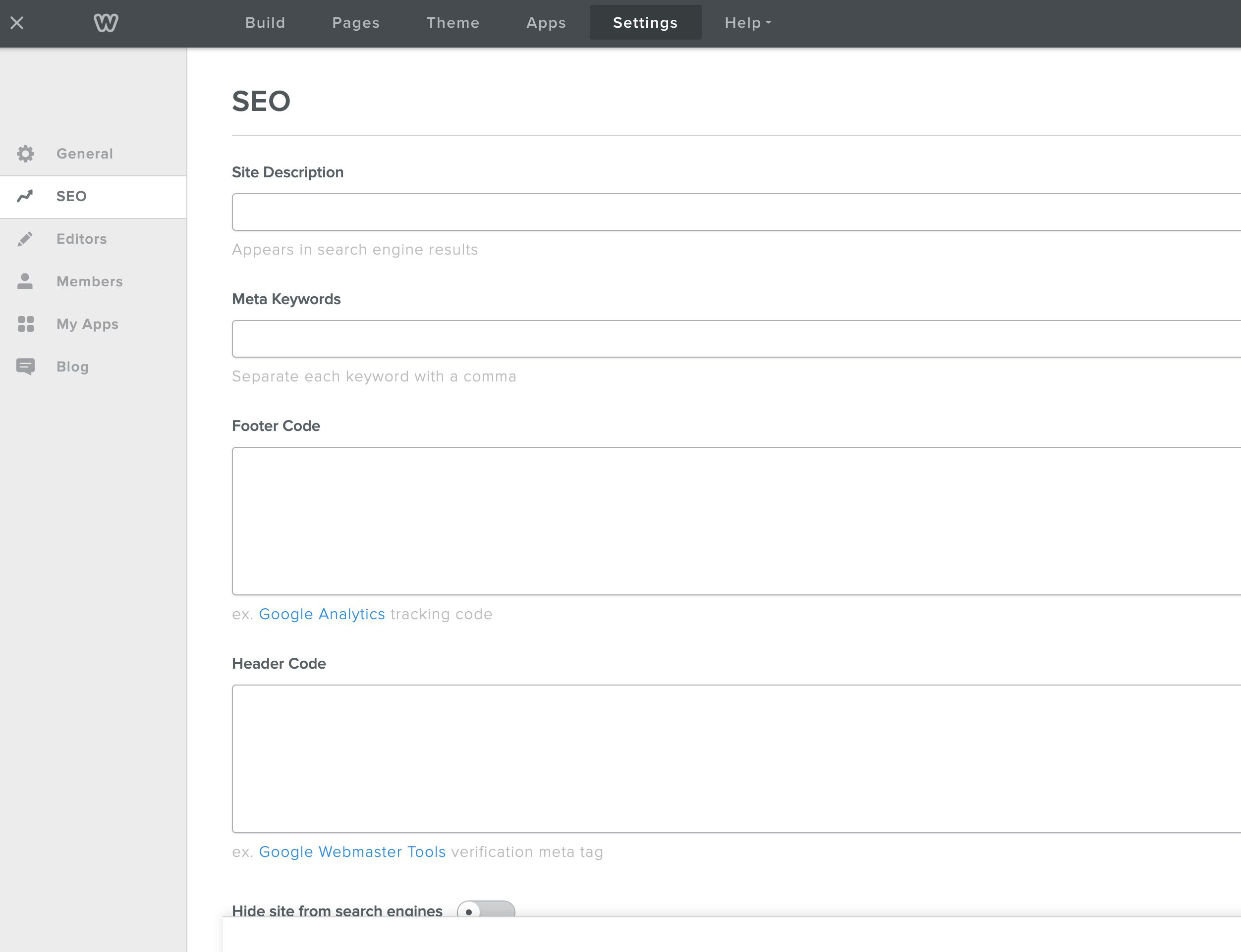 Opciones de SEO para la configuración del sitio Weebly