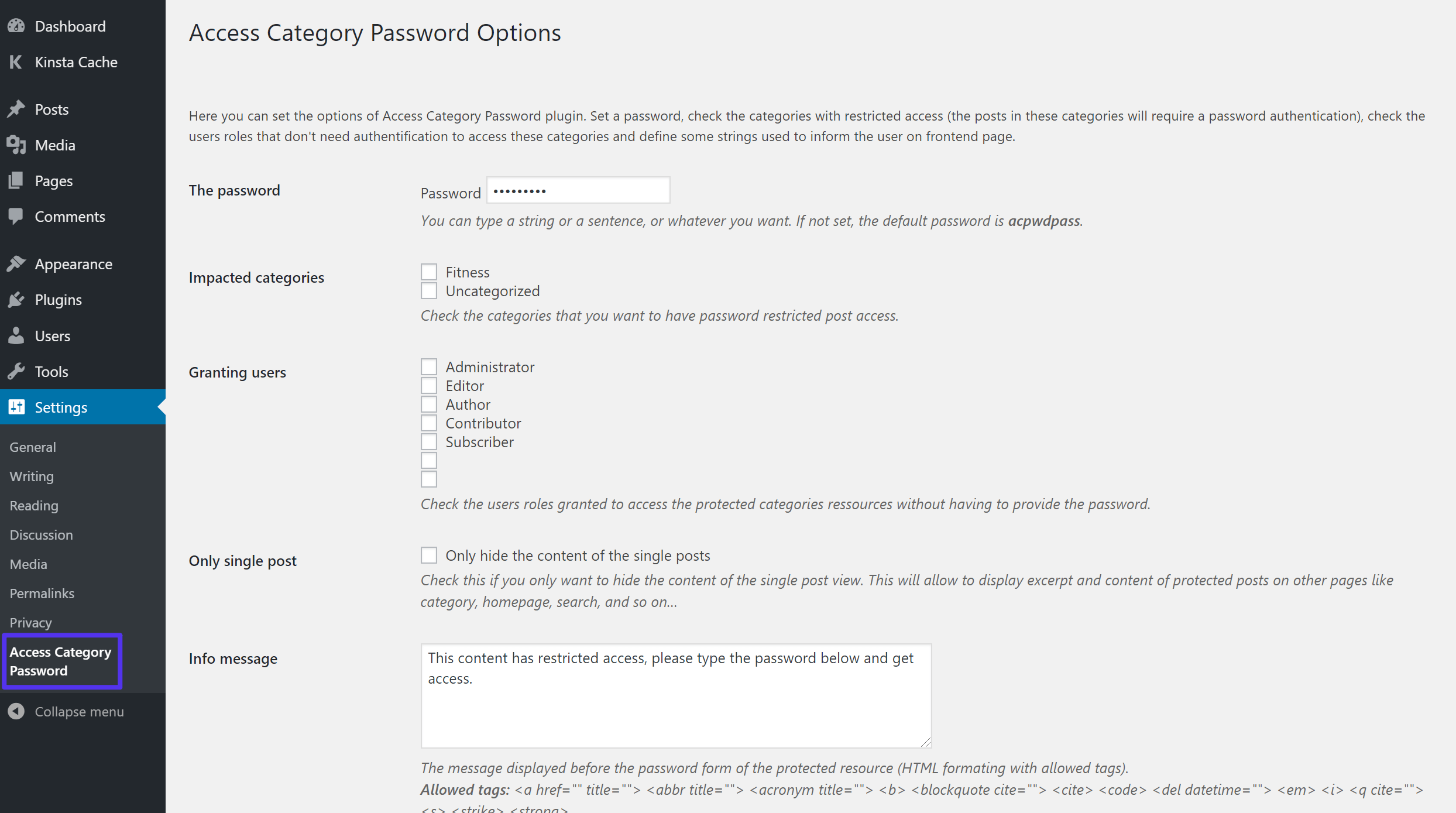 Categoría de acceso Configuración de la contraseña