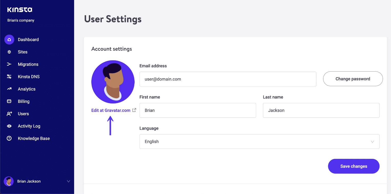 Enlace de Gravatar en MyKinsta