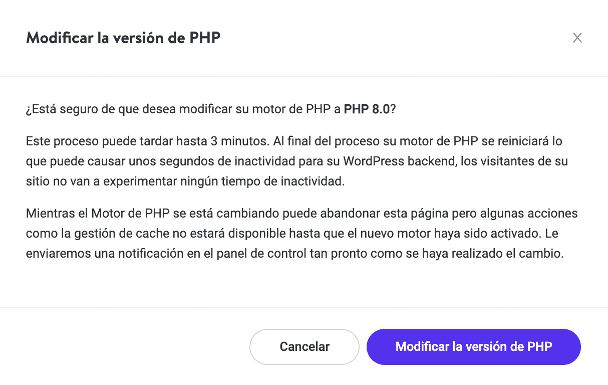 Modificación del interruptor de la versión de PHP.