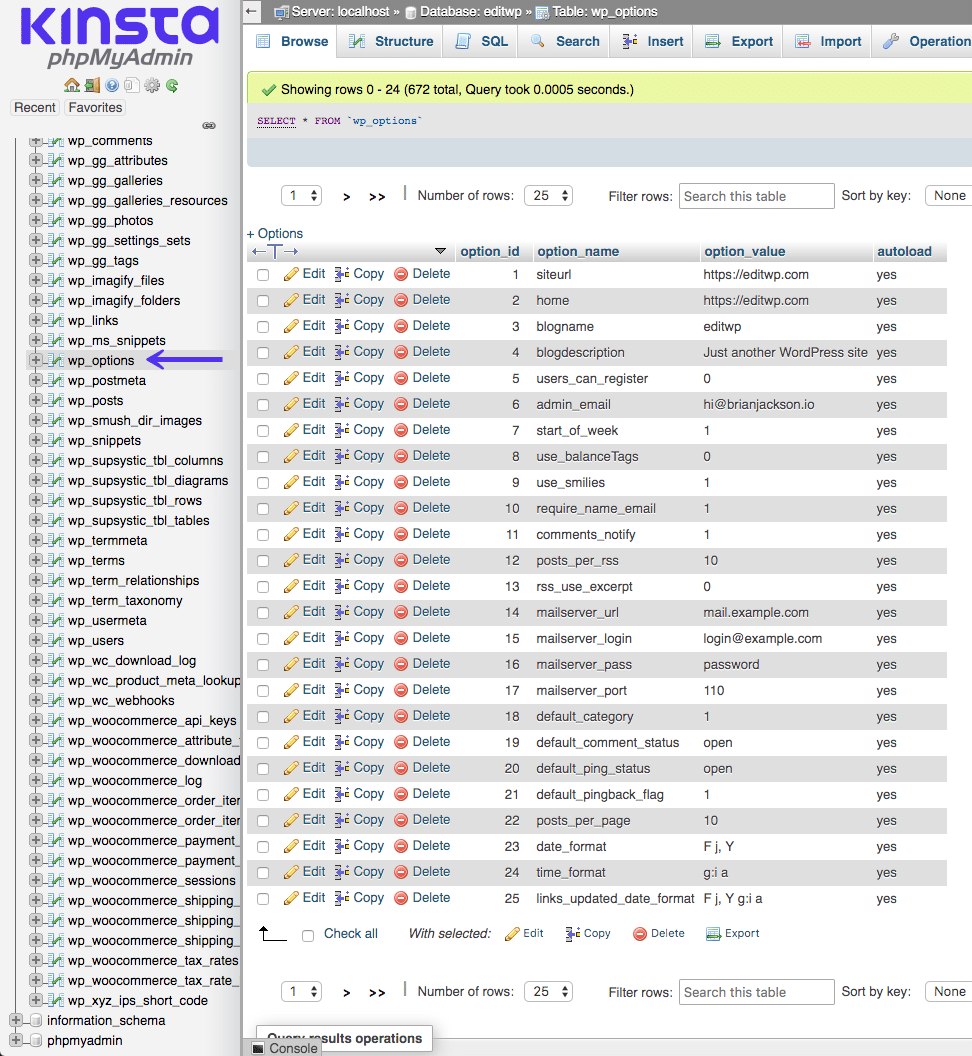 Banco de datos MySQL wp_options