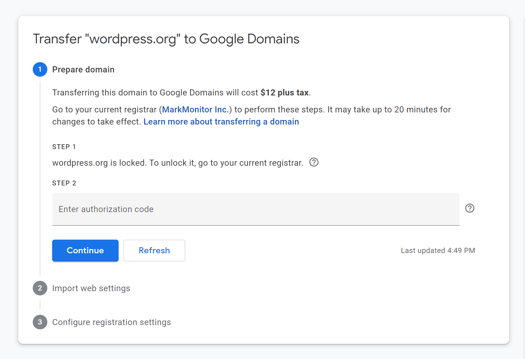 Asistente de transferencia de dominios de Google