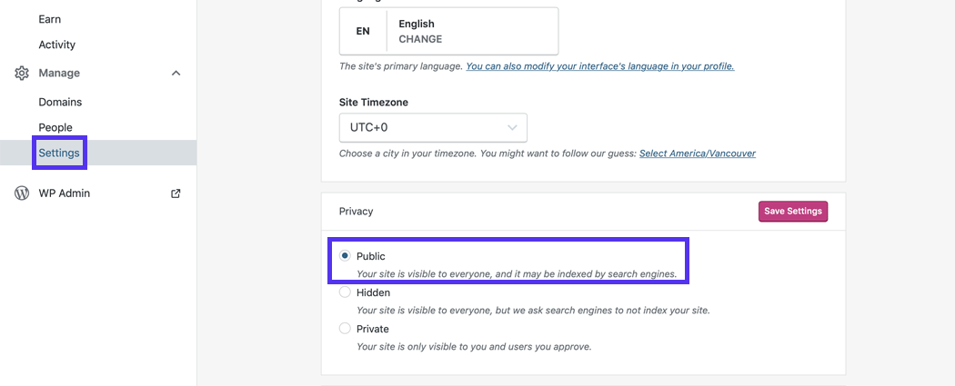 Cambie su sitio a "público" para exportar el contenido del sitio WordPress.