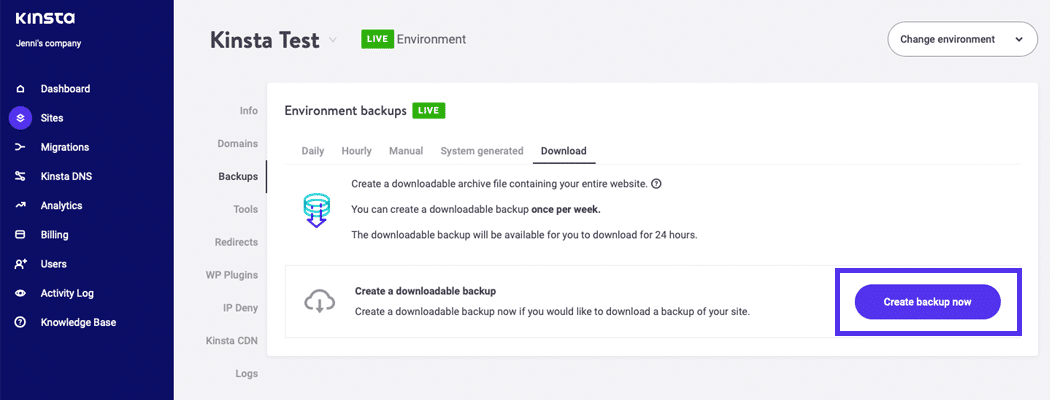 Cree manualmente una copia de seguridad descargable.