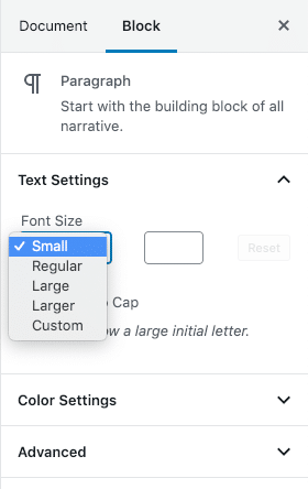 Tamaños de fuente en el bloque del editor Configuración de texto