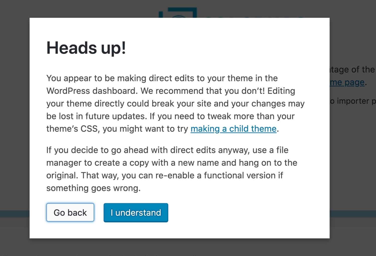 Advertencia de no usar el editor de temas de WordPress