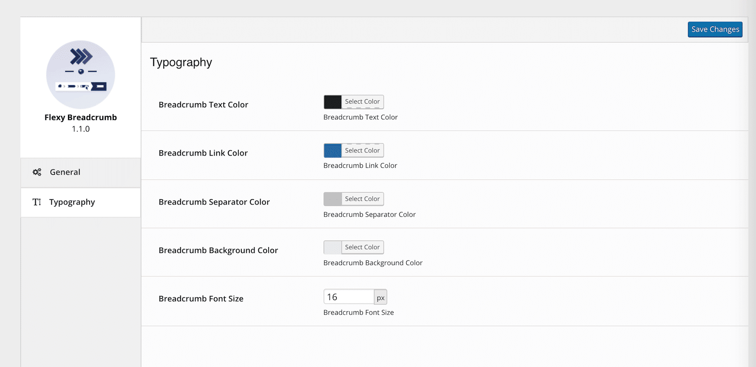 Los ajustes de la tipografía de Flexy Breadcrumb