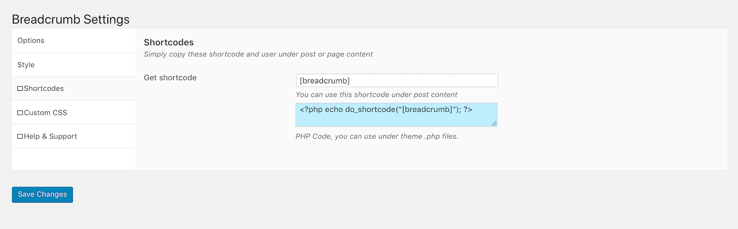 El código abreviado y las opciones de fragmentos del complemento Breadcrumb