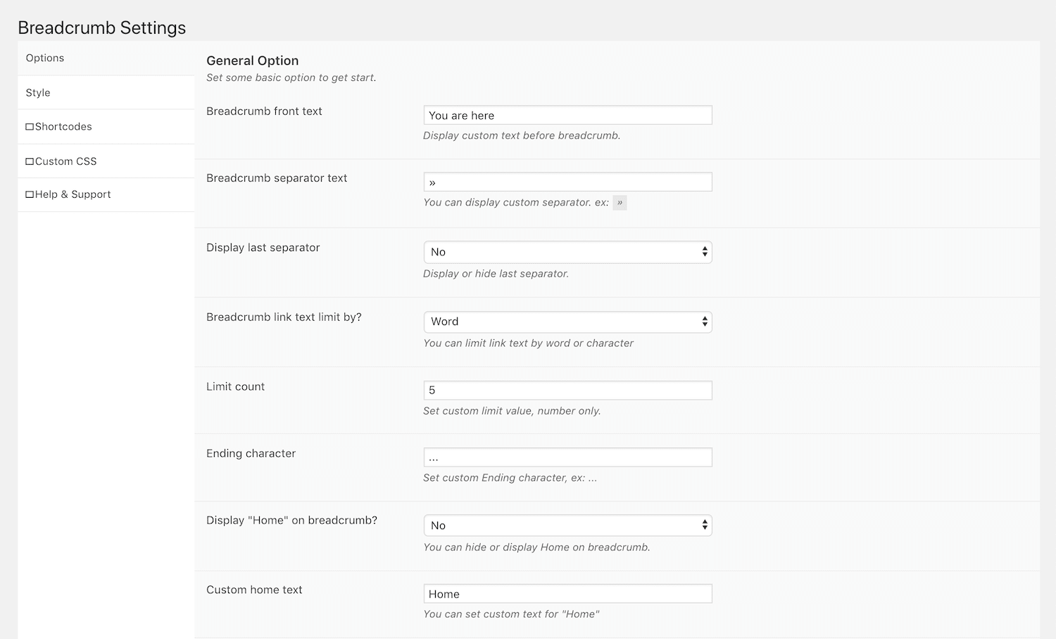 La página de configuración del plugin Breadcrumb