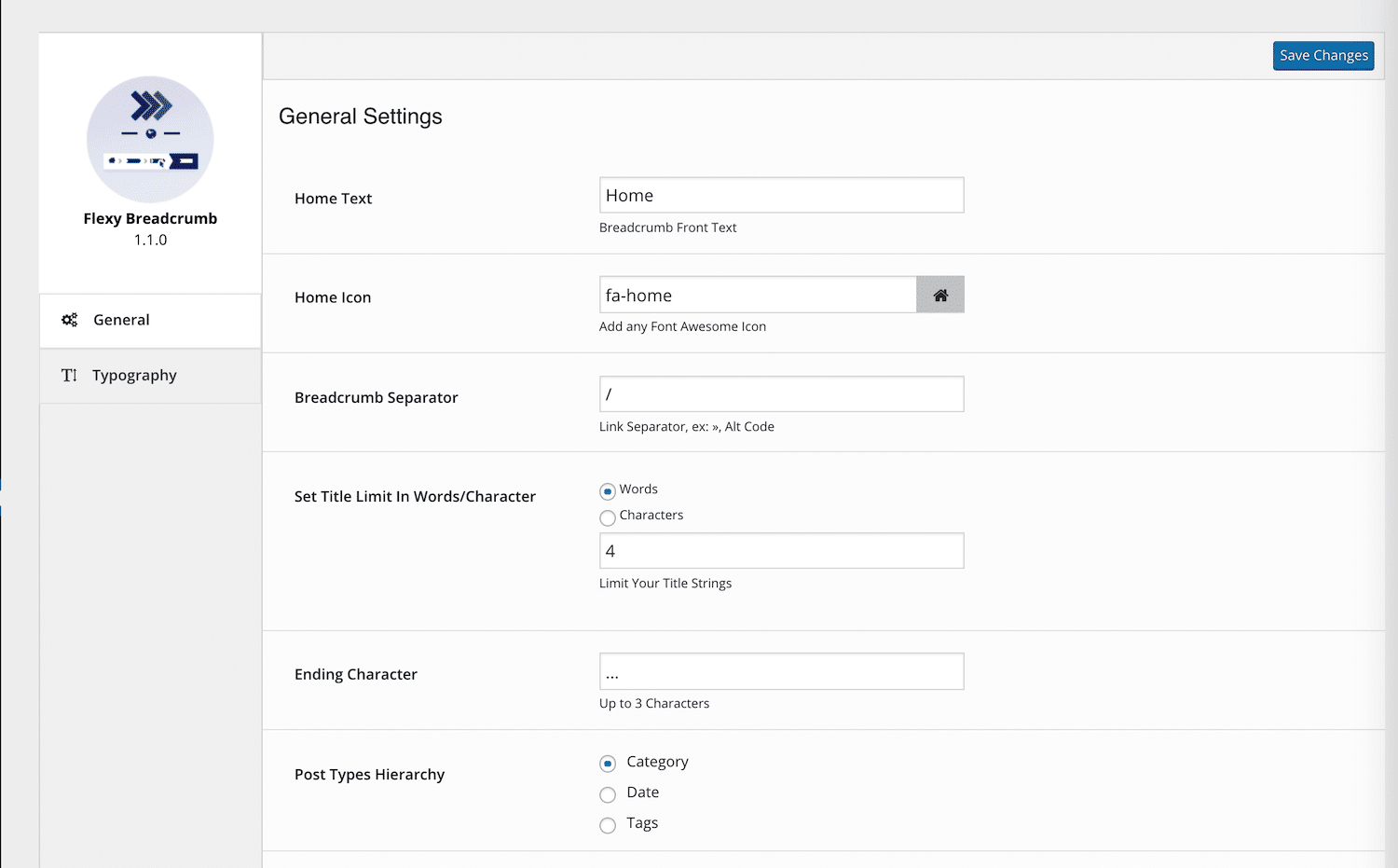 La configuración general de Flexy Breadcrumb