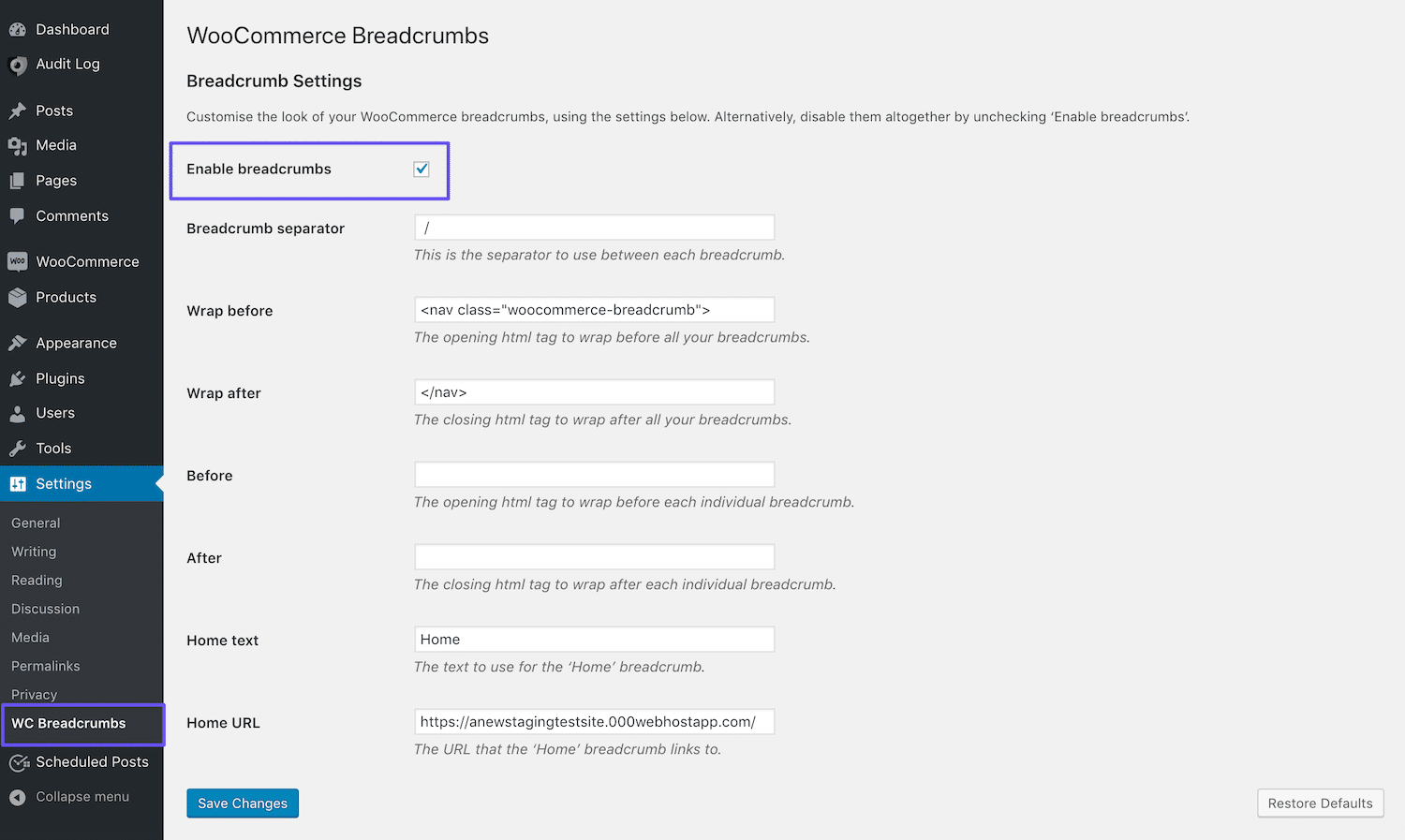 La página de configuración de WooCommerce Breadcrumbs