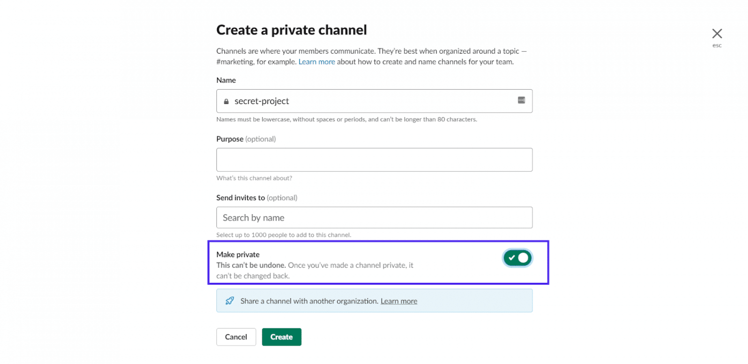 Creación de un canal privado en Slack