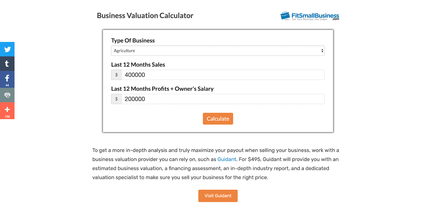 Calculadora de valor del sitio web FitSmallBusiness