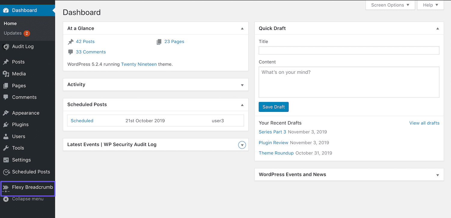 El enlace Flexy Breadcrumb en la barra lateral del panel de control de WordPress