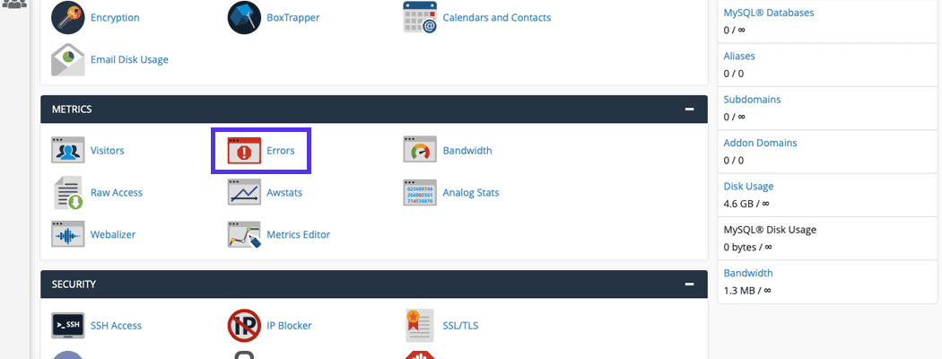 El salpicadero de cPanel