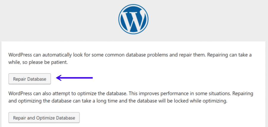 La opción de reparar la base de datos en WordPress