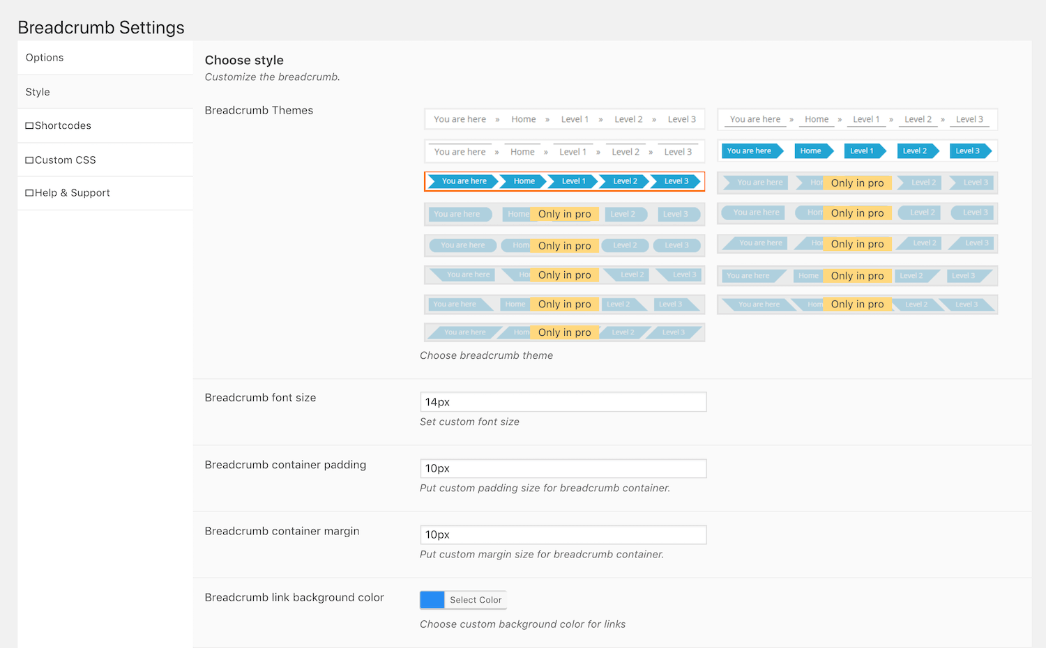 Las opciones de diseño del plugin Breadcrumb