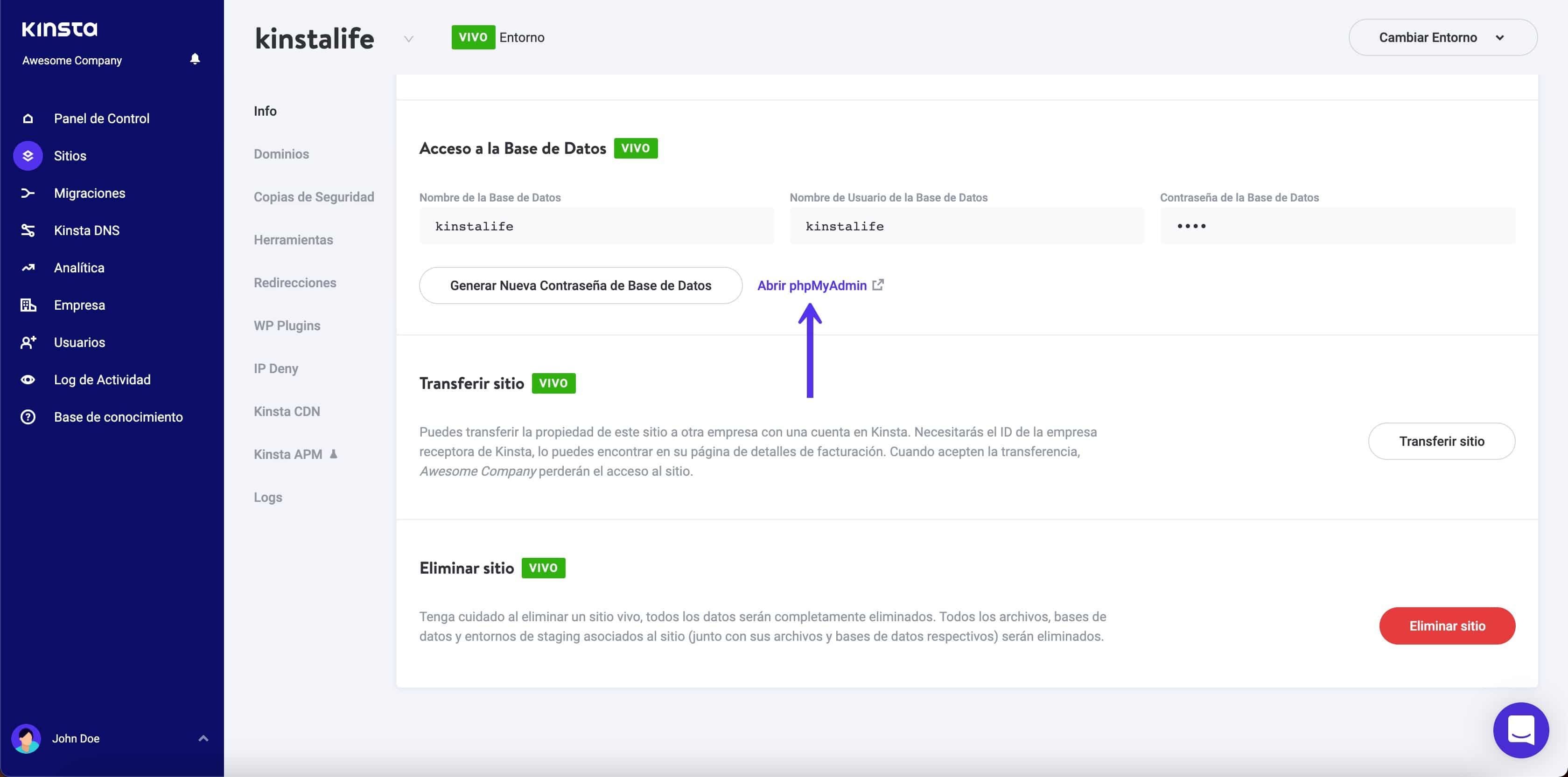 MyKinsta phpMyAdmin