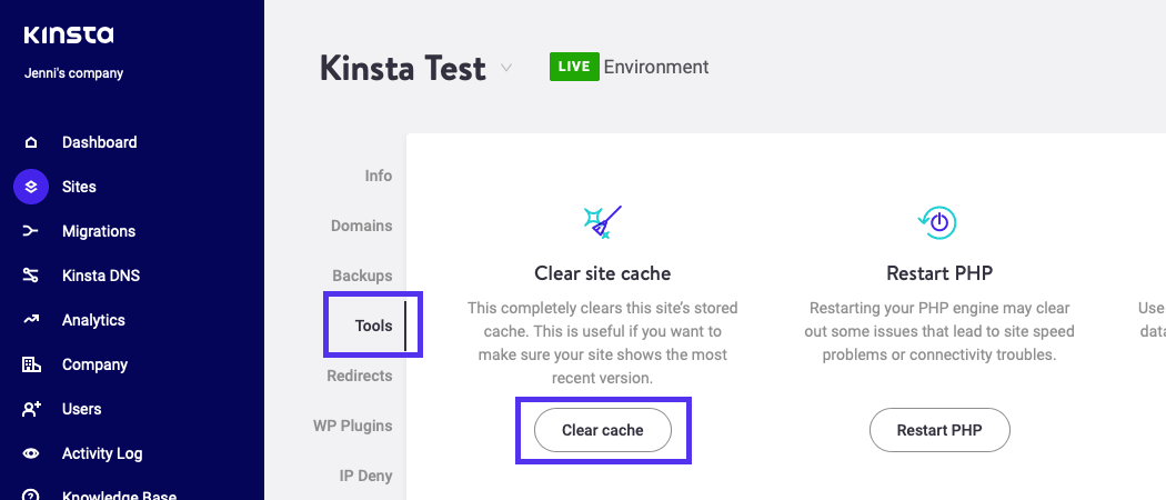 La pestaña Herramientas de MyKinsta