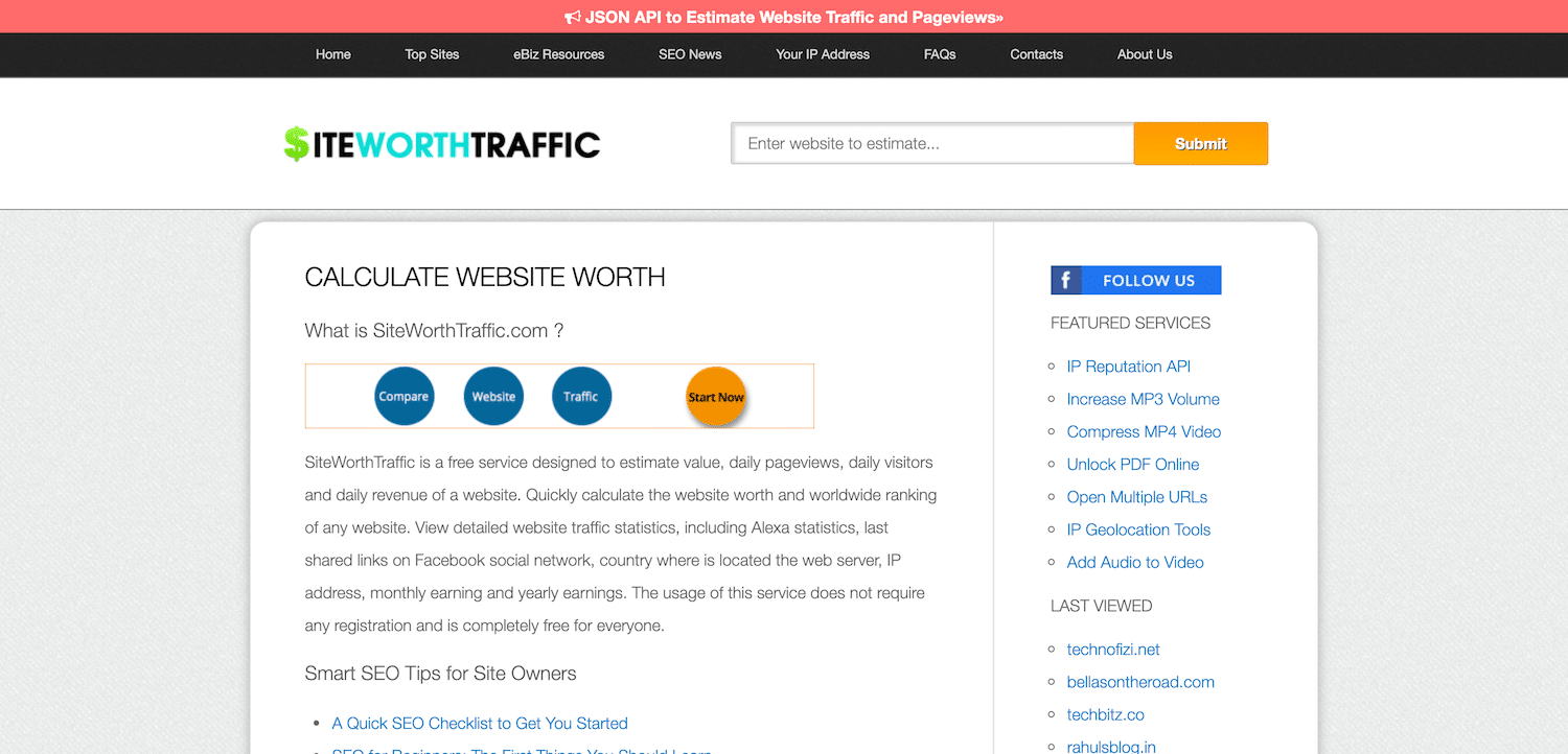 SiteWorthTraffic calculadora de valor del sitio web