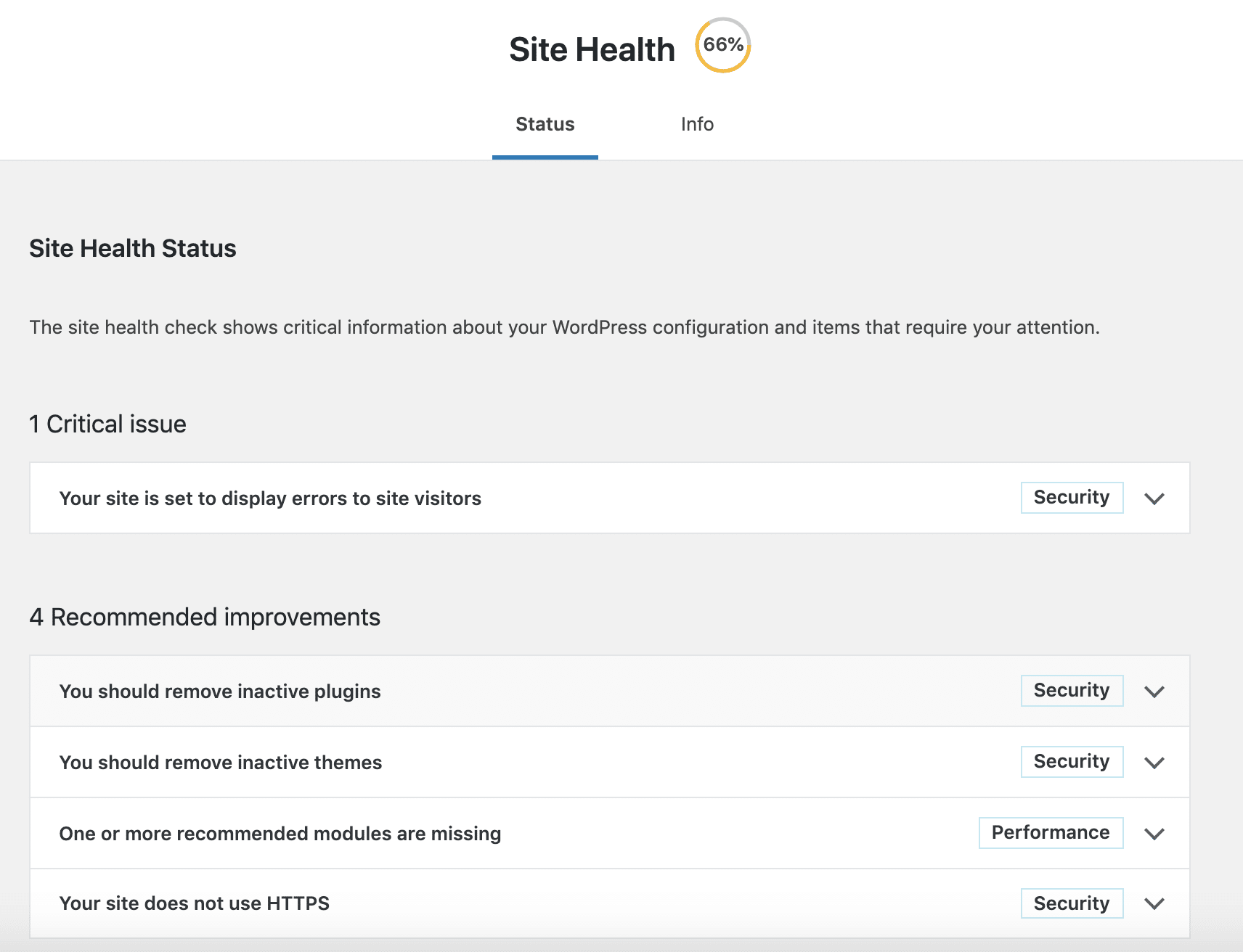 Página de estado de salud del sitio en WordPress 5.2