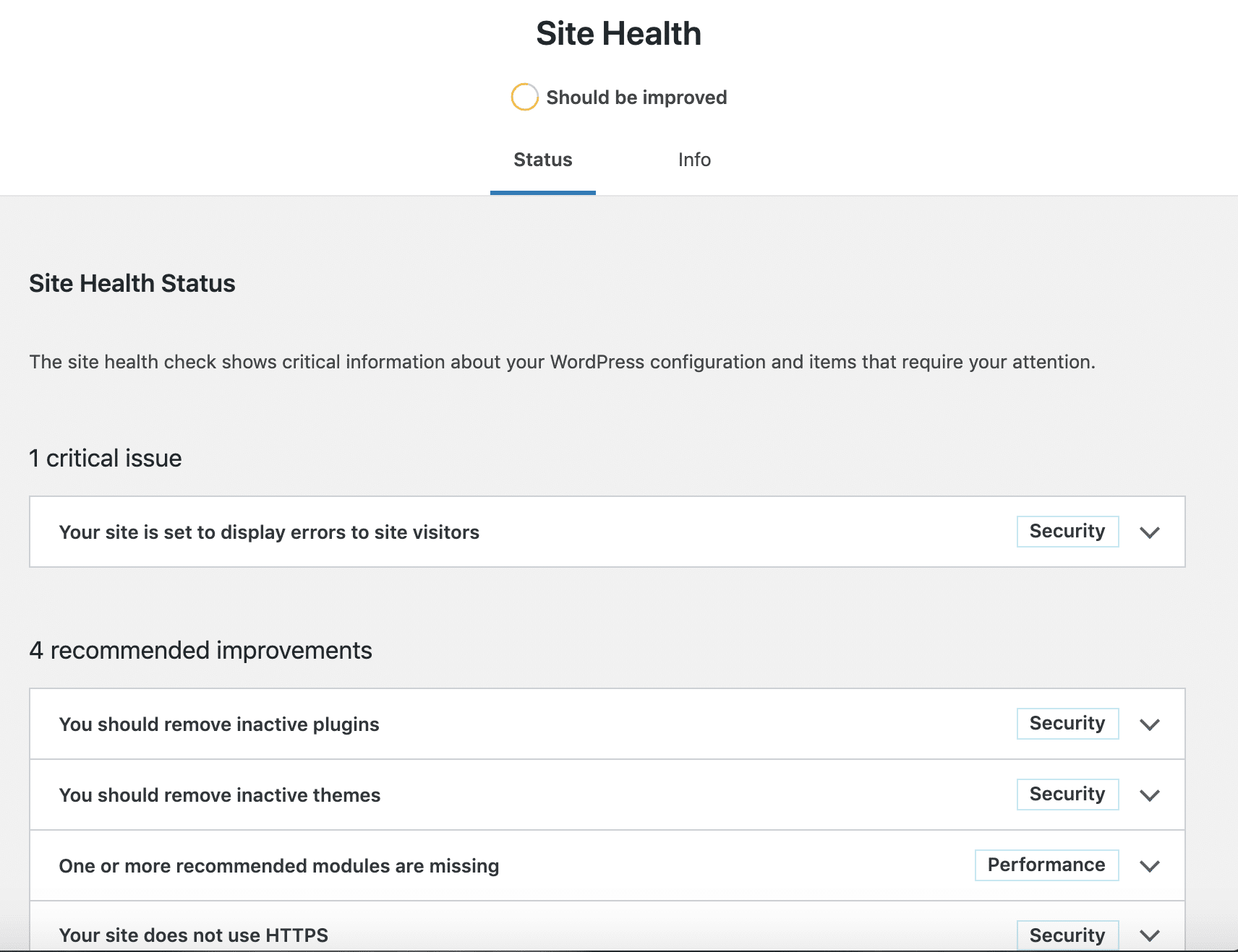 Página de estado de salud del sitio en WordPress 5.3